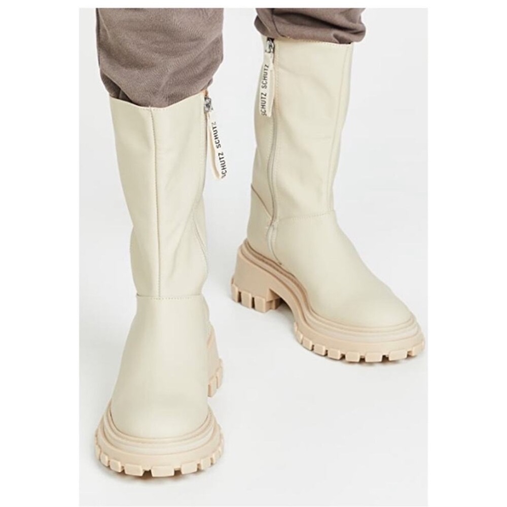 NIB SCHUTZ Juany Lug Sole Mid Calf Faux Leather Boot 7.5 Beige